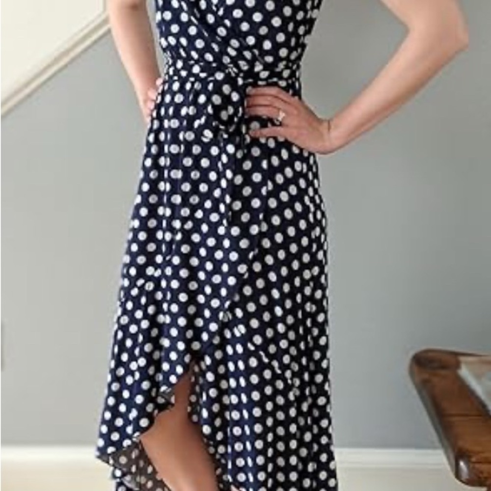 Blue Polka Dot Asymmetrical Wrap “Pretty Woman” Dress